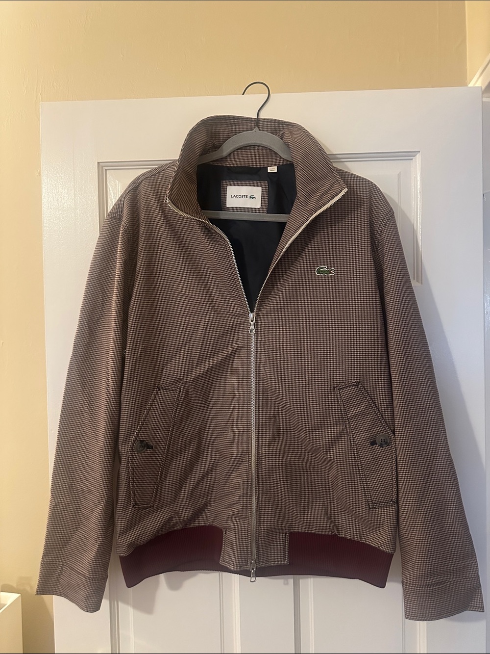 Lacoste Men's Brown Textured Bomber Jacket with Rib Hem